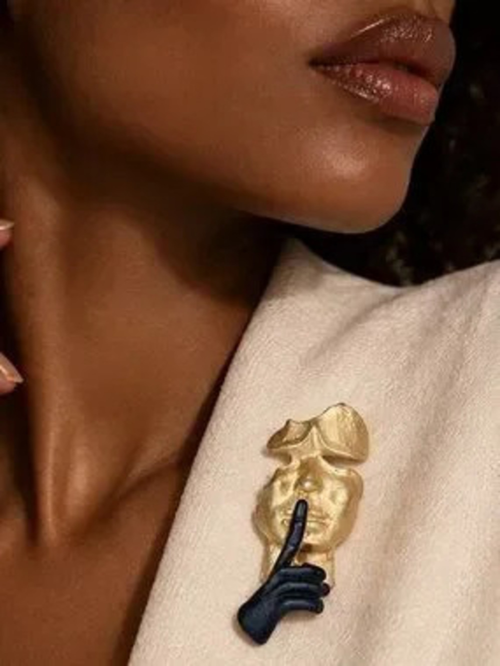 Sculptural Gold Face Brooch with Dark Hand Couture Jewelry